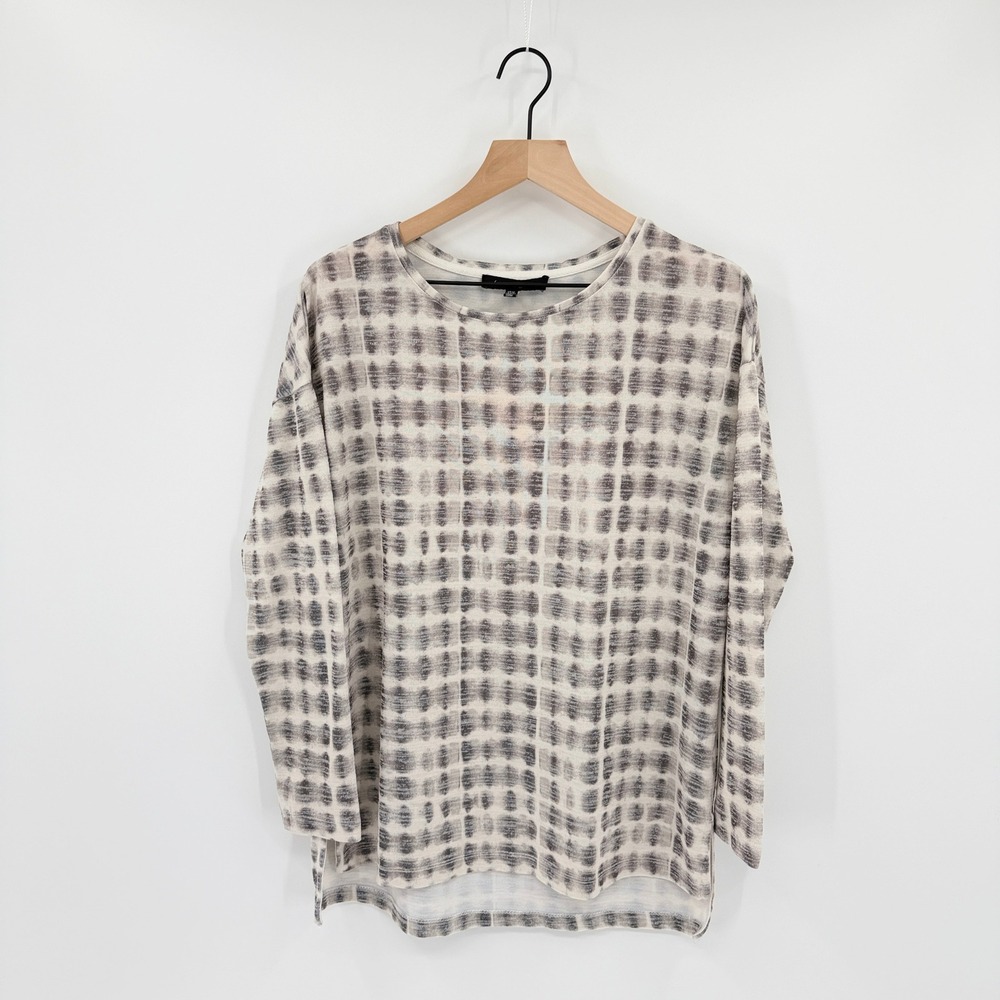 Tie Dye Grid Soft Knit Relaxed Boho Top M Shibori Minimalist Layering Neutral